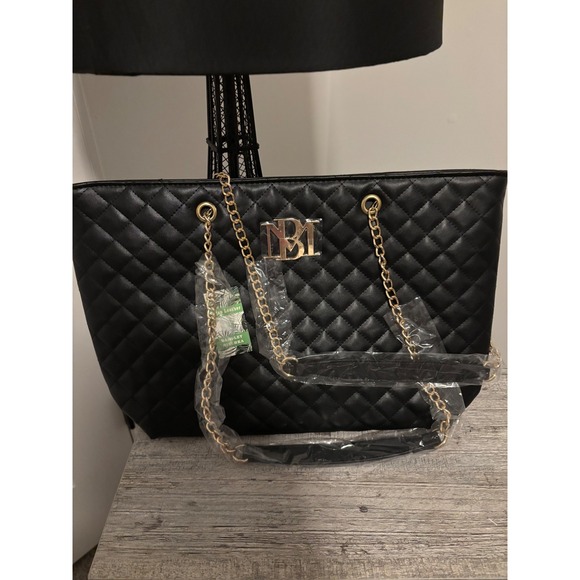BCBGMAXAZRIA Quilted Tote Bag Black Gold Chain Shoulder Bag - Picture 2 of 3